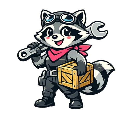 The MechCrate raccoon: a goggled mechanic shouldering a wrench and carrying a wooden crate.